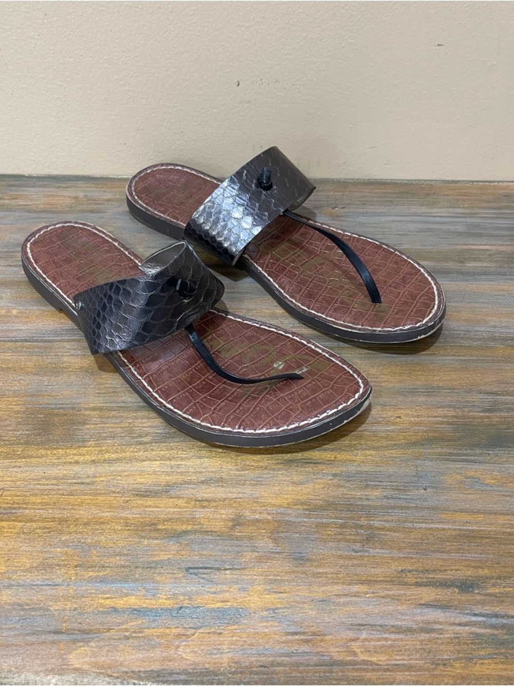 Sam Edelman Python Pattern Thong Summer Sandals Pewter Casual Womens 9